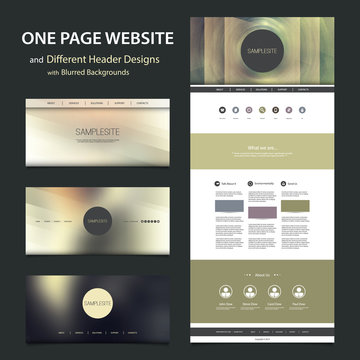 One Page Website Template and Different Header Designs with Blurred Backgrounds
