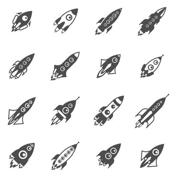 Space Rockets Black White Icons Set 