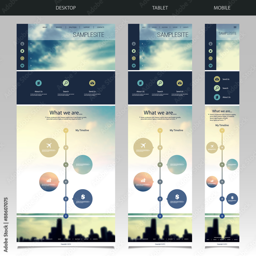 Poster one page website template with blurred background - sunset pattern header design - desktop, tablet, 