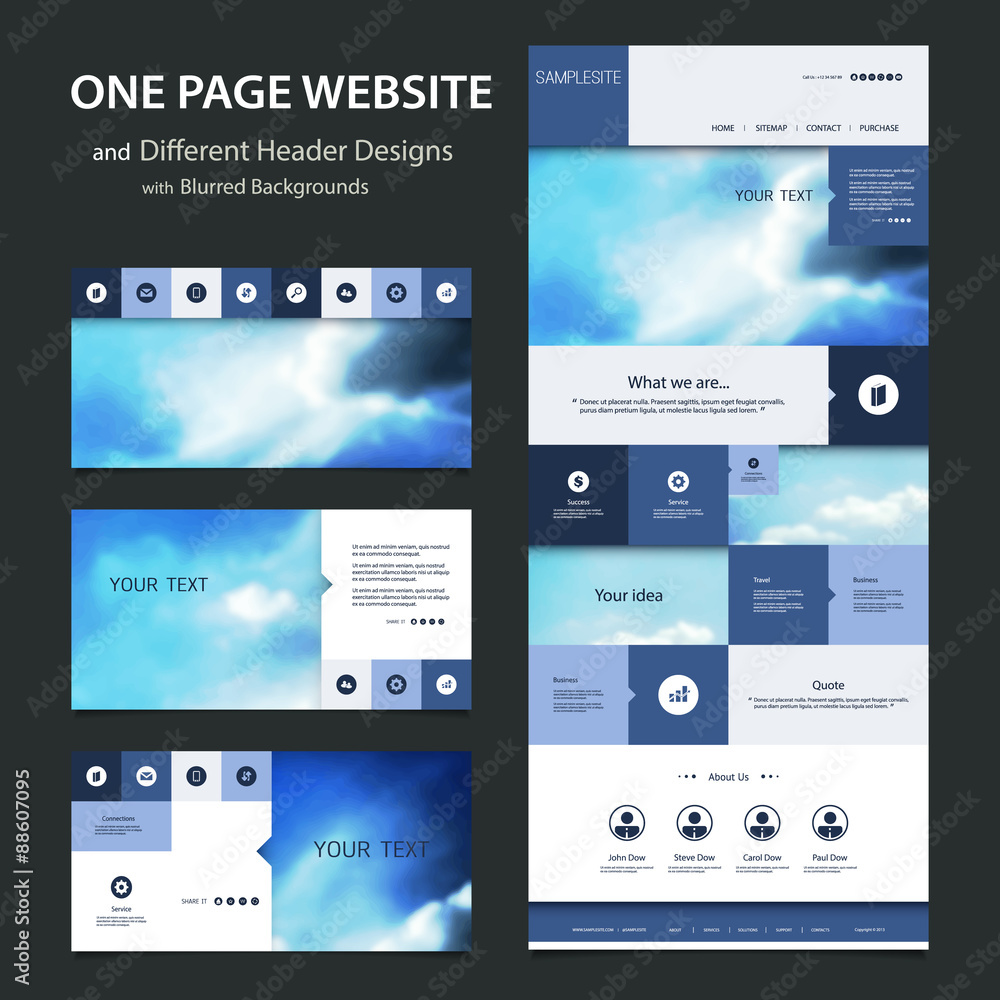 Poster one page website template and different header designs with blurred backgrounds
