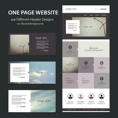 One Page Website Template and Different Header Designs with Blurred Backgrounds