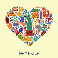 Greeting card-I love America. With many vector cute elements Sty