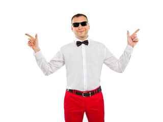 man in sunglasses pointing her finger to the side