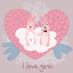 Romantic concept with cute bunnies in love. Valentines day card