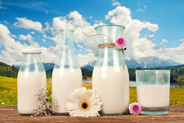 Milchflaschen vor natürlichen Hintergrund