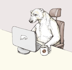 Funny cartoon: a polar bear sitting on the writing desk in office