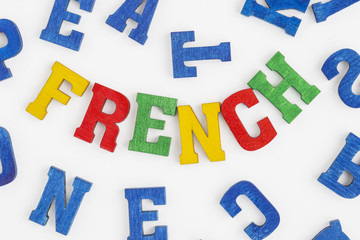 Series modern languages: Word French in colorful letters on white background
