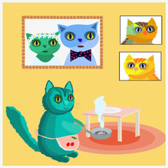 Cheerful cat in cartoon style. Happy family of cat prepares fish for dinner.