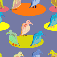Multi Colored birds in cartoon style on gray-blue background. Vector seamless.