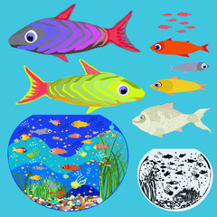 Naklejka premium Set of fish and aquariums on a blue background.