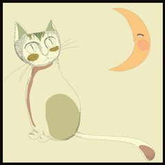 Cat and Crescent, cartoon children's illustration.