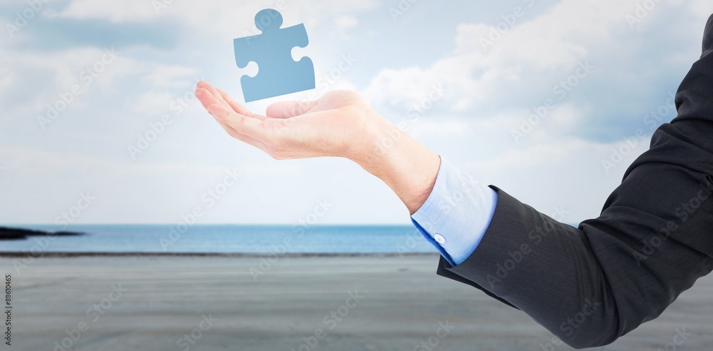 Poster composite image of close up of businessman with empty hand open