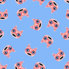 Pink cats in cartoon style on a blue background. Seamless.