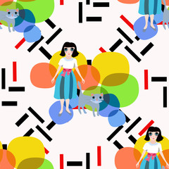 Girl, cat, black and red rectangles on a white background.