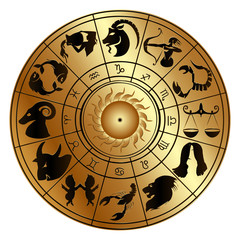 Vector illustration of zodiac signs on a gold disk in the center of the star the sun, isolated object