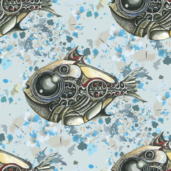 The image of fish in the style of steampunk. Watercolor stains in the background. Vector seamless pattern. - 88611803