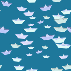 Paper boats on blue background. Seamless.