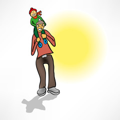 Little boy sitting on the shoulders of his father