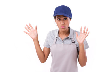 exited, surprised female worker isolated