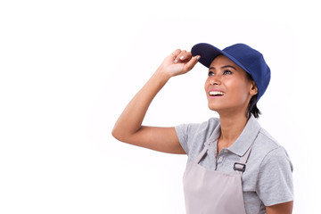 happy, successful female worker looking up