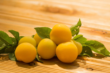 Mirabellen mit Blätter frisch  vom Obstbaum gepflückt. Auch gelbe Pflaumen genannt süß und saftig zum roh essen oder für die Weiterverarbeitung zu Marmelade oder Kompott