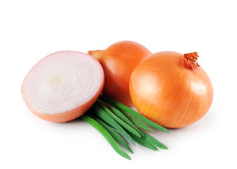 Onions, green onions isolated on white background.