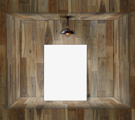 Blank frame on wood wall with Ceiling lamp for information message