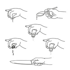 Cooking icons set. Hand with spices, spoon, salt, pepper, lemon and knife. EPS10 vector illustration