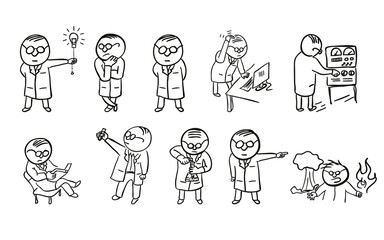 Set of doodle scientist character. Vector sketch