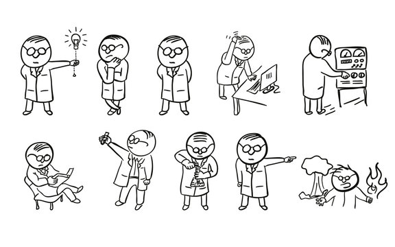 Set of doodle scientist character. Vector sketch