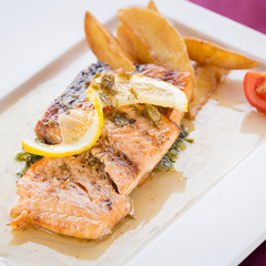 Grilled salmon in restaurant
