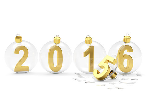 2016 New Year concept. Digits of the year in glass Christmas balls and one broken isolated on white background  