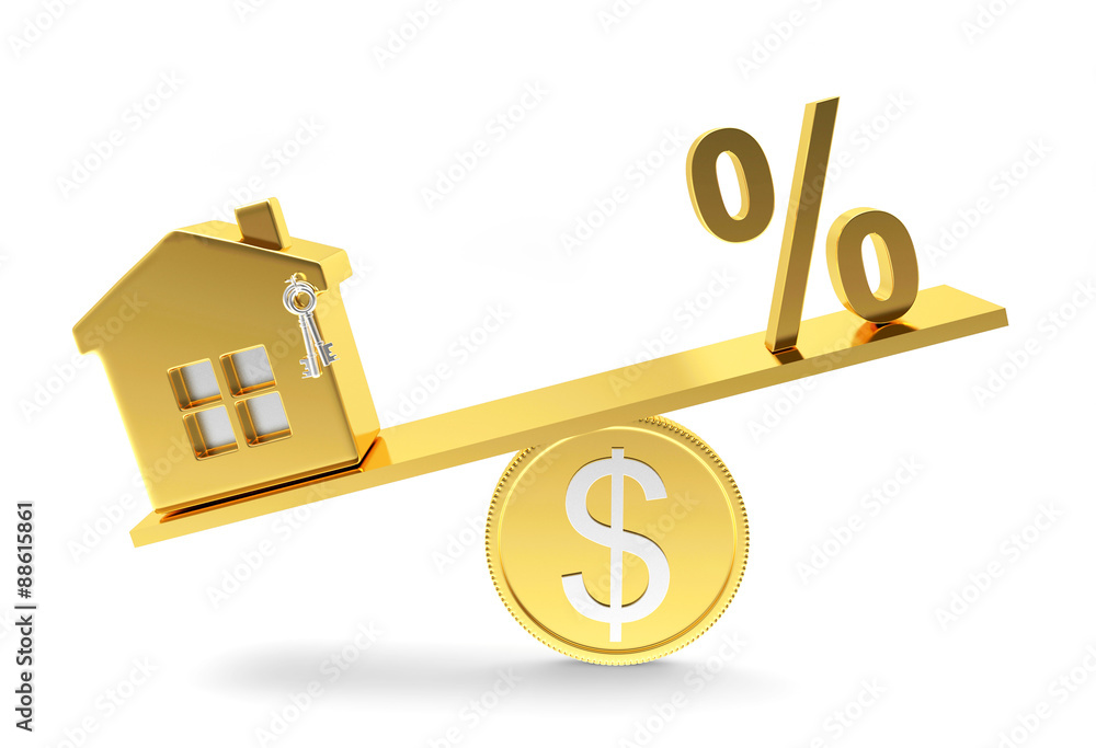 Wall mural House and percent sign in the balance on golden coin isolated on white background