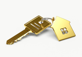 Mortgage concept. Golden key with house figure isolated on white background