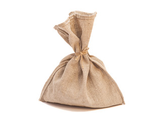 Tied with rope sack bag isolated on white