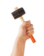 Hand with hammer isolated on white background