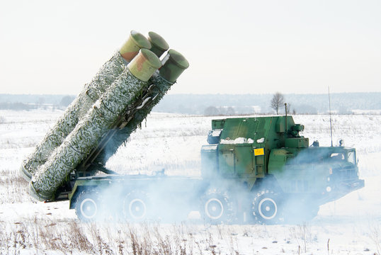 KIEV REGION, UKRAINE - 14 NOVEMBER 2007. Launcher missile air defense systems S-300 goes into the firing position.