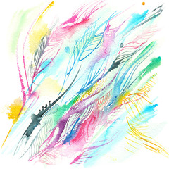 abstract background of multicolored lines, plumage, watercolor sketch, vector illustration