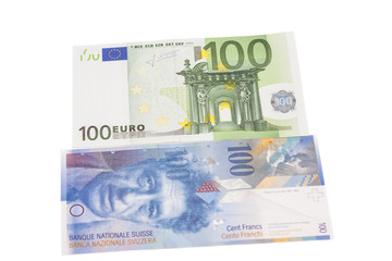 Swiss francs and euros isolated