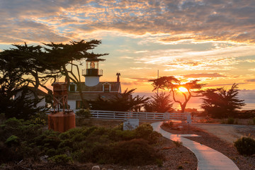 Sunset at Point Pinos Historic Lighthouse in Monterey California - obrazy, fototapety, plakaty