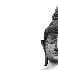 Close-up head of old buddha statue in Thailand isolated on white background