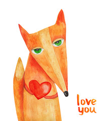 Fox Portrait with heart. Love you. Watercolor - 88620083