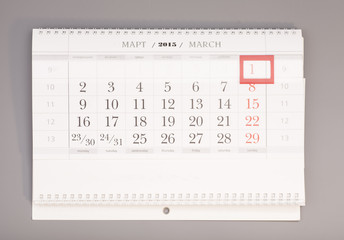 2015 year calendar. March calendar with red mark on 1 March isol