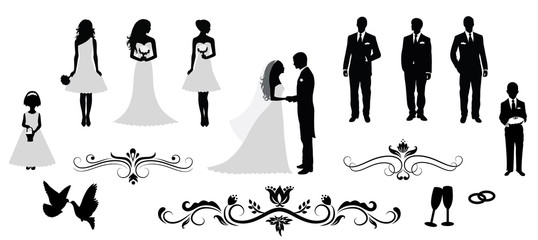 Set of vector wedding silhouettes. 