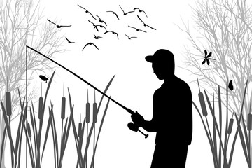 Silhouette of angler among the cane on fishing