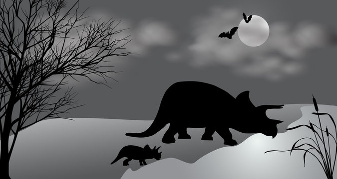 Triceratops with kid against the landscape. Vector illustration.