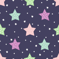 Seamless night pattern with cute multicolor stars for kids holidays. Baby shower vector background. Cute child drawing style xmas pattern. - 88622077
