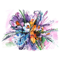 colorful watercolor bouquet flowers/ purple pink and white irises/ green shoots/ picturesque background