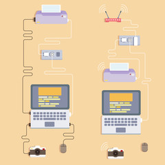 Technology line style with hardware and device. Top view