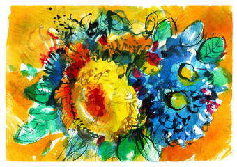 bouquet  with blue flowers on orange background/ golden-daisy/ chrysanthemum/ watercolor painting